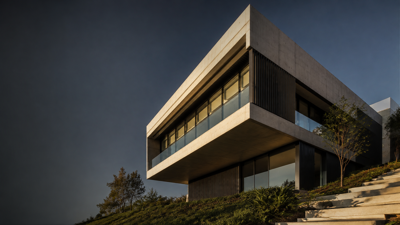 Imagem ilustrativa de um edifício contemporâneo com fachada de concreto e vidro